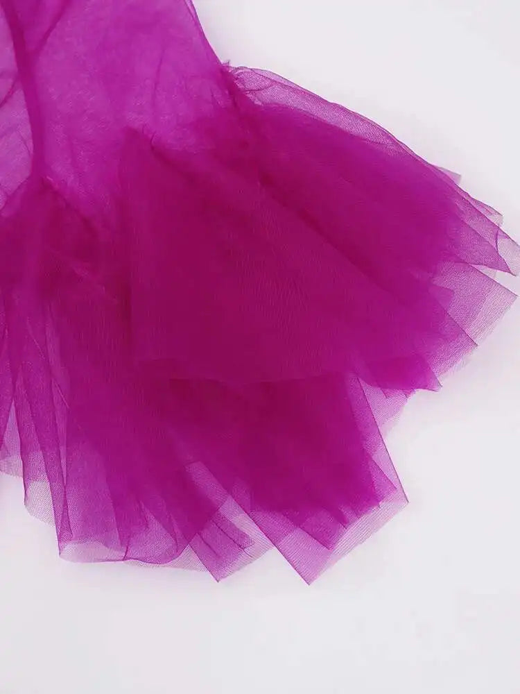 Women Purple Ruffles Mesh Perspective Big Size Long Dress New Round Neck Half Sleeve Fashion Spring Summer 2025 JR7711