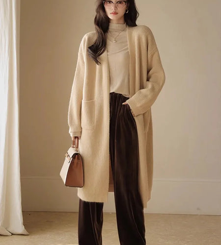 Fall Winter Chic Casual Cardigan Multi Colors Long Coat Loose V Neck Solid Color Long Knitwear Daily Solid Clothes C-255