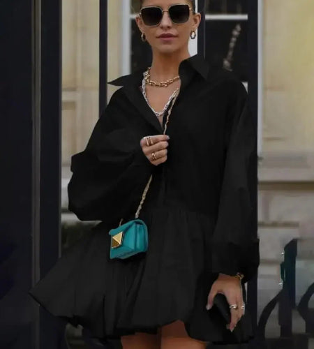 Fashion Pink Lapel Shirts Dress For Women Long Puff Sleeves Pleated American Retro Mini Dresses Office Lady