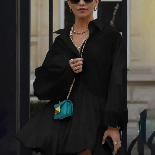 Load image into Gallery viewer, Fashion Pink Lapel Shirts Dress For Women Long Puff Sleeves Pleated American Retro Mini Dresses Office Lady
