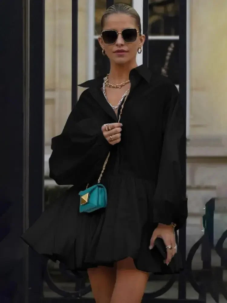 Fashion Pink Lapel Shirts Dress For Women Long Puff Sleeves Pleated American Retro Mini Dresses Office Lady