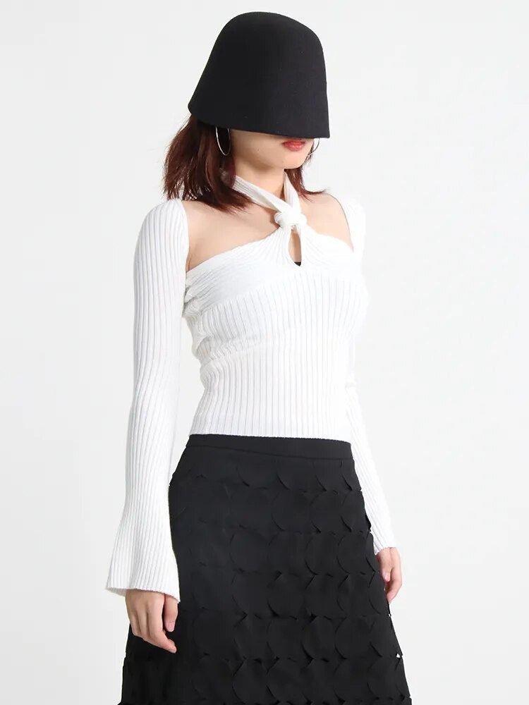 Cut Out Knitting Sweater For Women Halter Collar Long Sleeve Solid Minimalsit Skinny Pullover Female Clothing