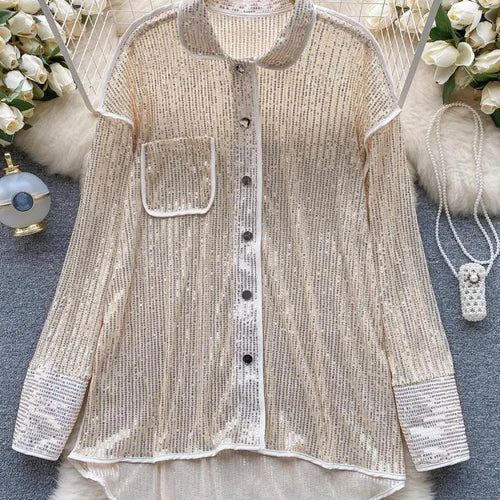 Load image into Gallery viewer, Autumn Solid Lantern Long Sleeve Sequin Shirt Women Fashion Clothing Vintage Loose Versatile Single Breasted Medium Length Tops
