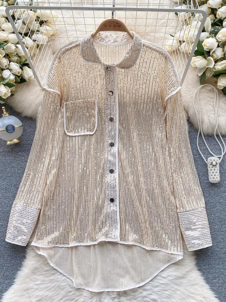Autumn Solid Lantern Long Sleeve Sequin Shirt Women Fashion Clothing Vintage Loose Versatile Single Breasted Medium Length Tops