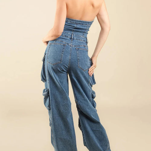 Load image into Gallery viewer, Patchwork Pockets Denim Jumpsuits For Women Strapless Sleeveless Off Shoulder High Waist Casual Fashion Jumpsuit Female
