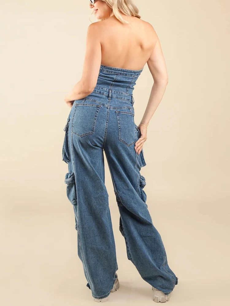 Patchwork Pockets Denim Jumpsuits For Women Strapless Sleeveless Off Shoulder High Waist Casual Fashion Jumpsuit Female