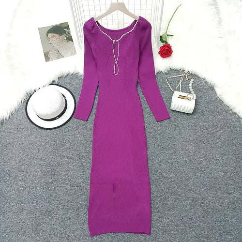 Load image into Gallery viewer, Autumn Winter Women's Solid Diamond Temperament Long Sleeved Dress French Square Neck Office Lady Knitwear Dress 2024 Simplicity
