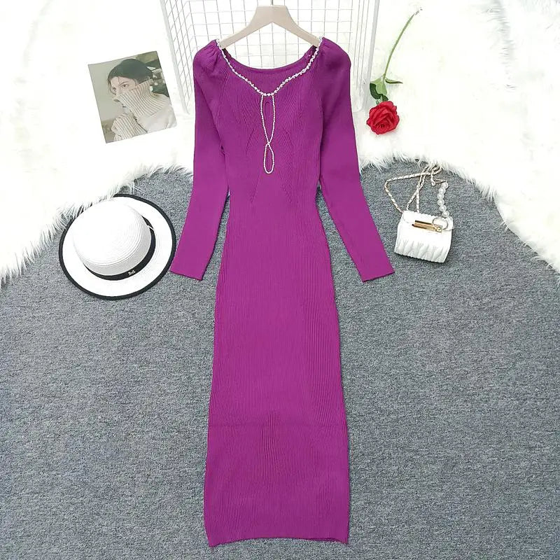 Autumn Winter Women's Solid Diamond Temperament Long Sleeved Dress French Square Neck Office Lady Knitwear Dress 2024 Simplicity