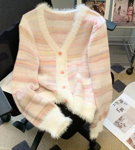 Autumn Winter Rainbow Striped Gradient Long Sleeved Short Hairy Sweater Women's V-neck Single Breasted Knit Pullover Tops 2024