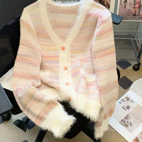 Load image into Gallery viewer, Autumn Winter Rainbow Striped Gradient Long Sleeved Short Hairy Sweater Women's V-neck Single Breasted Knit Pullover Tops 2024
