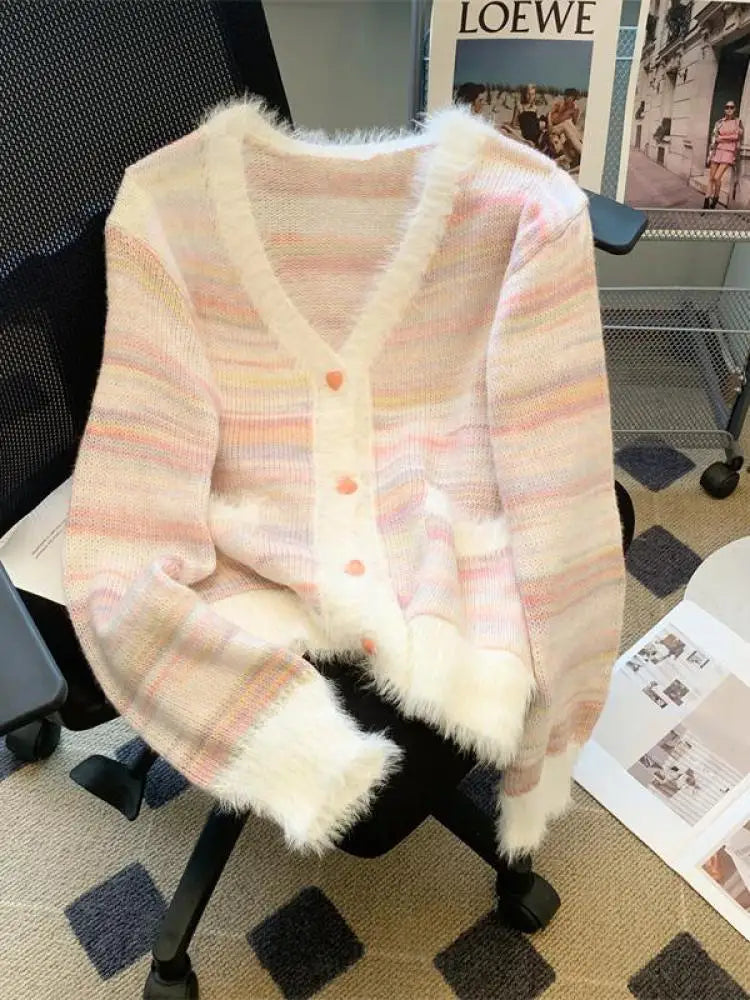 Autumn Winter Rainbow Striped Gradient Long Sleeved Short Hairy Sweater Women's V-neck Single Breasted Knit Pullover Tops 2024