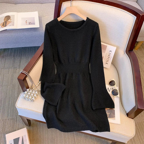 Load image into Gallery viewer, Autumn Winter Black Grey Elegant Round Neck High Waist Dress Women New Pink Long Sleeved Knitted Short Dress 2024 Korean Simple
