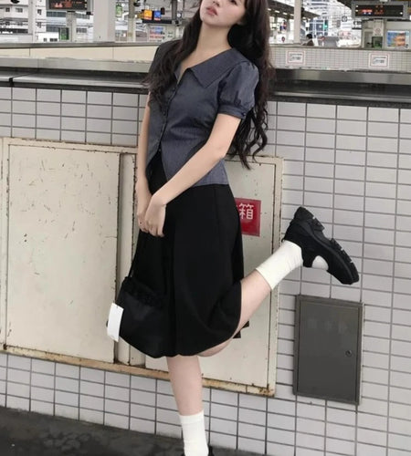 Y2k Aesthetic Women Striped Blouse Harajuku Casual Single Breasted Slim Fit Grunge Shirt Streetwear Grunge Puff Sleeve Blusas