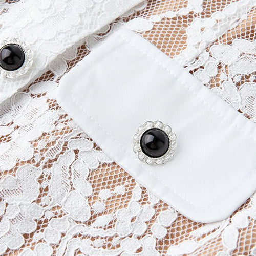 Load image into Gallery viewer, Solid Spliced Lace Slimming Dresses For Women O Neck Short Sleeve High Waist Patchwork Button Dress Female Fashion
