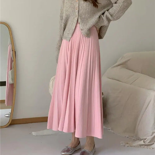 Load image into Gallery viewer, Korean Fashion Solid Sweet Elegant Knit Party Long Skirts Autumn Winter Women Pleated A-line High Waist Fairy Umbrella Skirt New
