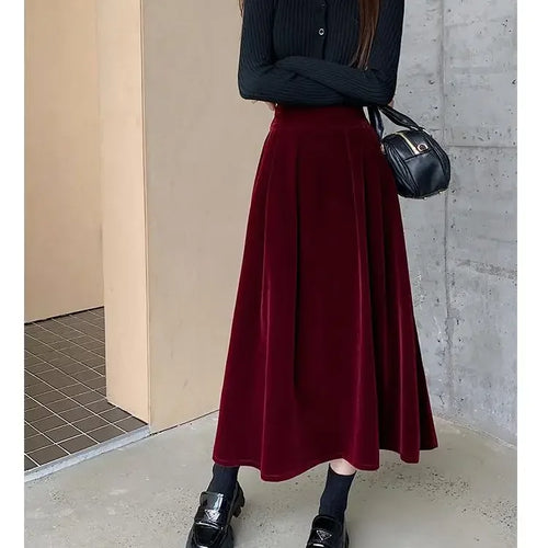 Load image into Gallery viewer, Autumn Winter Warm Vintage Red Elegant Velvet A-line Skirt For Women 2024 High Waist Casual Black Party Pleated Big Swing Skirts
