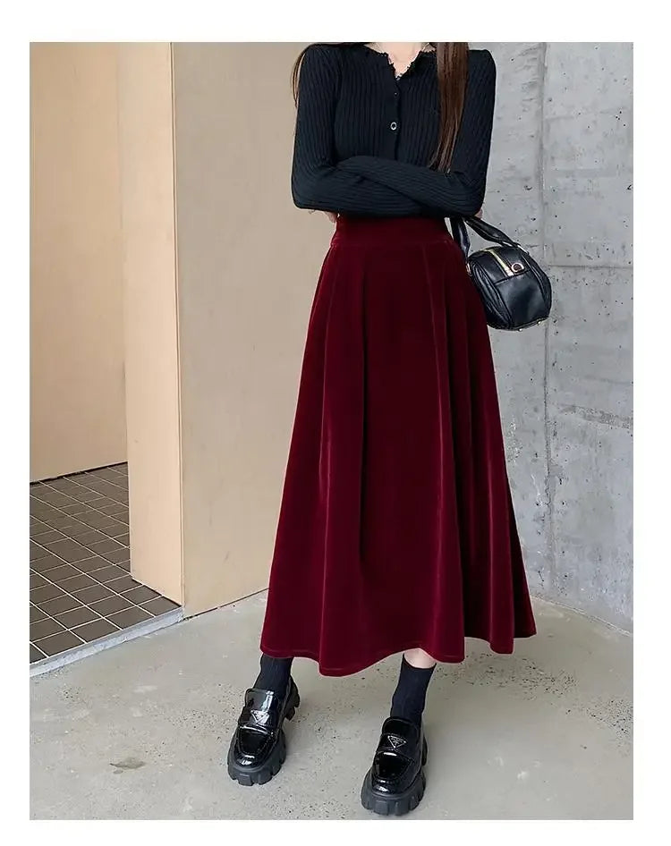 Autumn Winter Warm Vintage Red Elegant Velvet A-line Skirt For Women 2024 High Waist Casual Black Party Pleated Big Swing Skirts