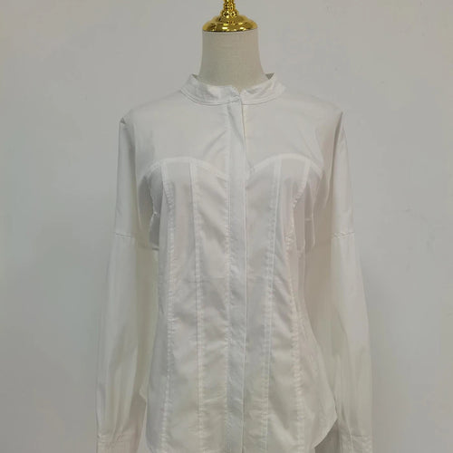 Load image into Gallery viewer, Solid Slimming Spliced Button Fashion Shirts for Women Round Neck Long Sleeves Tunic Patchwork Lace Up Shirt Female
