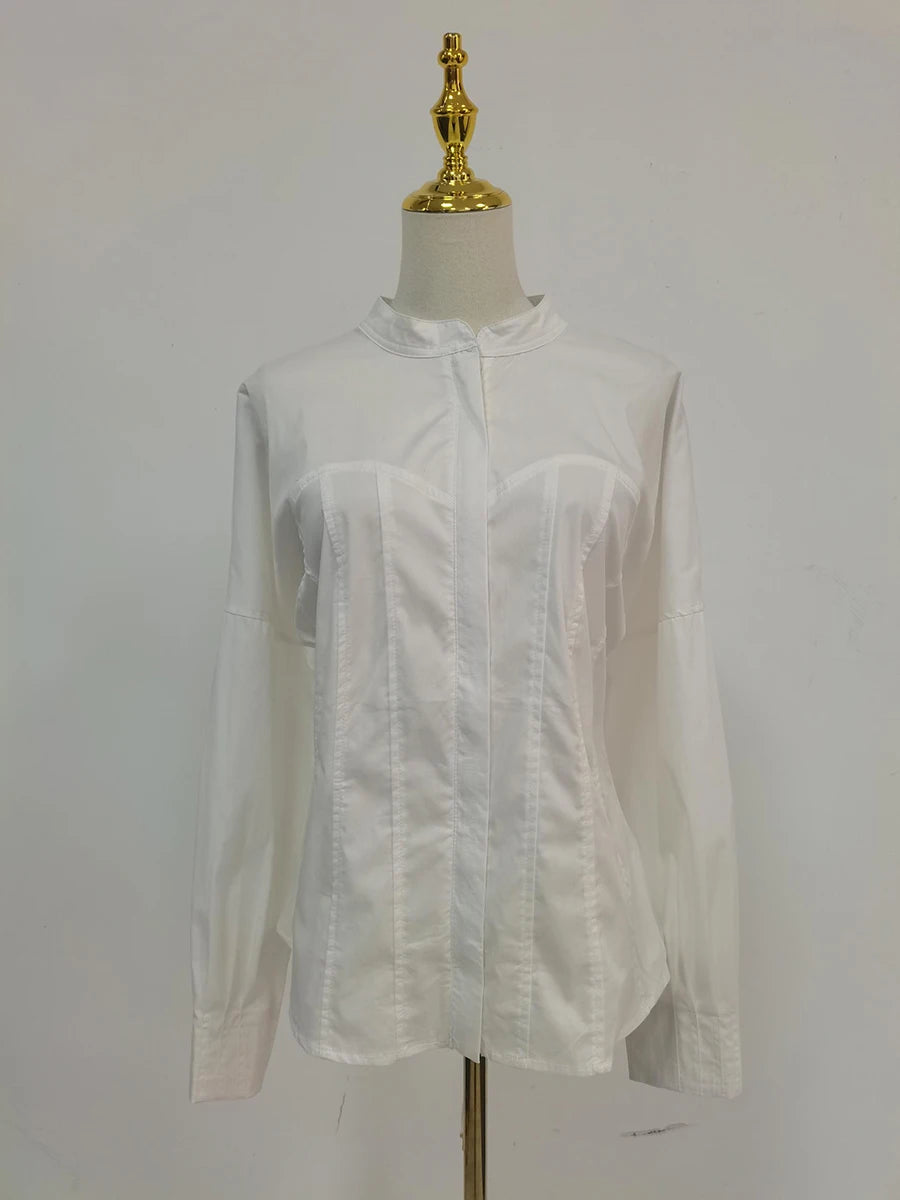 Solid Slimming Spliced Button Fashion Shirts for Women Round Neck Long Sleeves Tunic Patchwork Lace Up Shirt Female