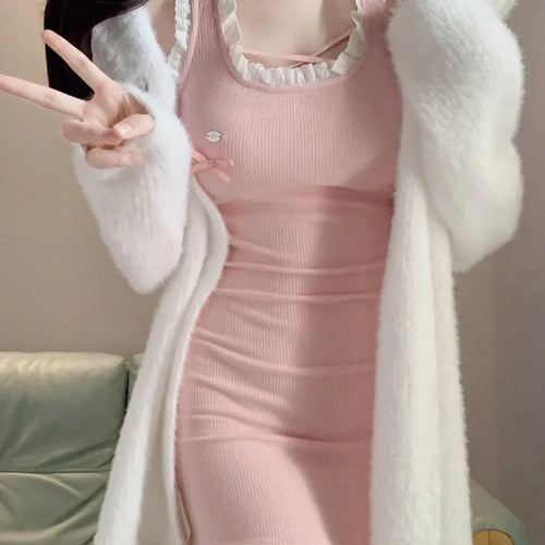 Load image into Gallery viewer, Sweet Kawaii Pink Knit Knitted Halter Dress Women Soft Girl Korean Style Off Shoulder Party Mini Short Dresses Autumn
