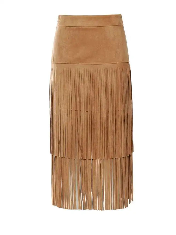 High Waist Khaki Tassels Irregular Long Elehgant Half-body Skirt Women Fashion Tide New Spring Autumn 2025 1DE8926