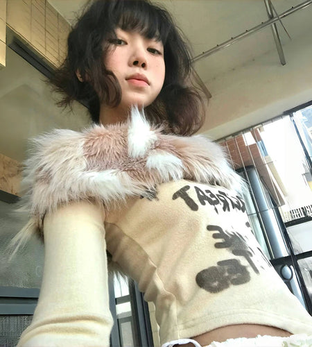 Japanese Y2k Fur Collar Tops 2000s Aesthetics Off Shoulder Knit T-shirts Vintage Harajuku Letter Print Long Sleeve Tops