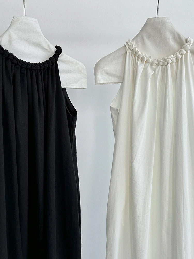 Women White Blue Knot Elegant Big Size Long Vest Dress New Halter Sleeveless Fashion Tide Spring Summer 2025 1DJ1282