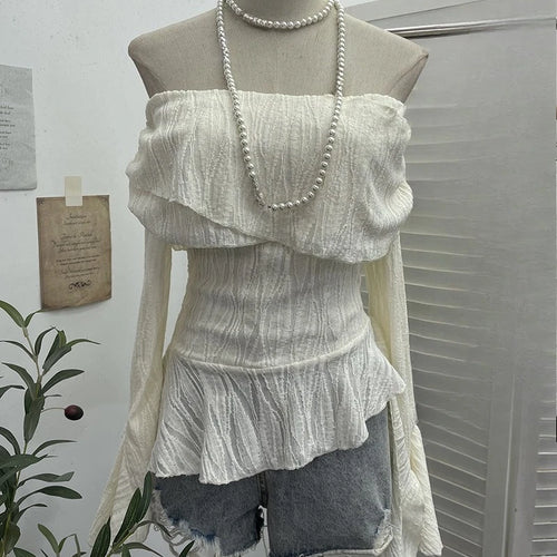 Load image into Gallery viewer, Harajuku Slash Neck Pleated Women Y2k Aesthetic Tops Y2k Aesthetic Irregular Ruffled T-shirt Grunge Sexy Flare Sleeve Fairy Tops
