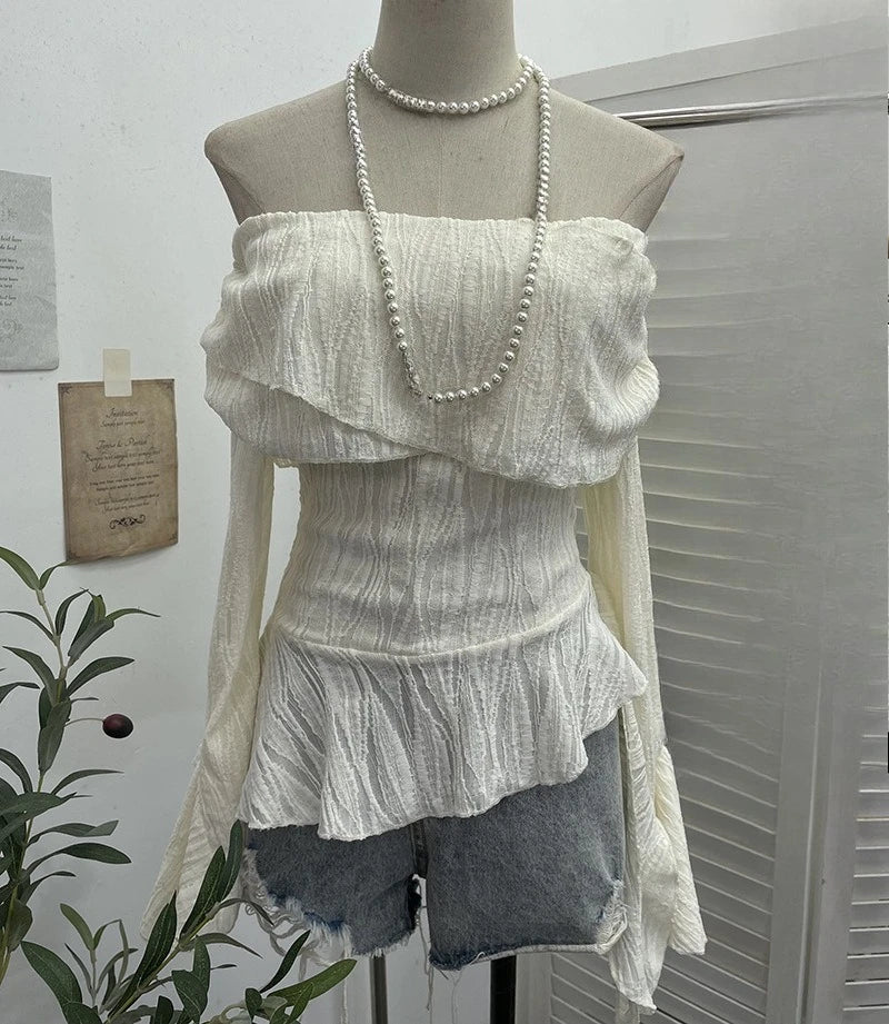 Harajuku Slash Neck Pleated Women Y2k Aesthetic Tops Y2k Aesthetic Irregular Ruffled T-shirt Grunge Sexy Flare Sleeve Fairy Tops