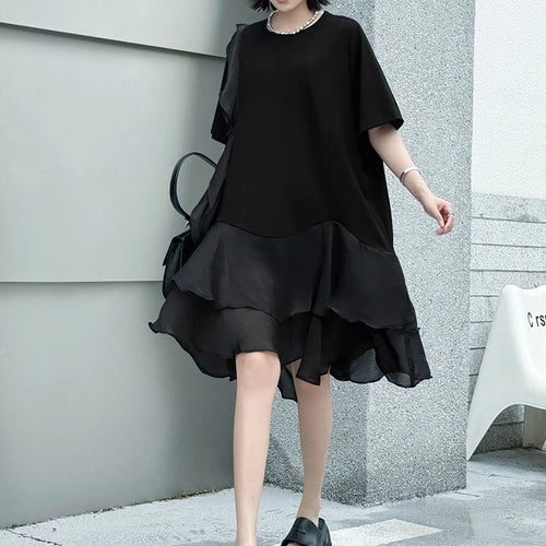 Load image into Gallery viewer, Women Black Ruffles Irregular Big Size Mini Dress New Round Neck Short Sleeve Fashion Tide Spring Summer 2025 1DJ1365
