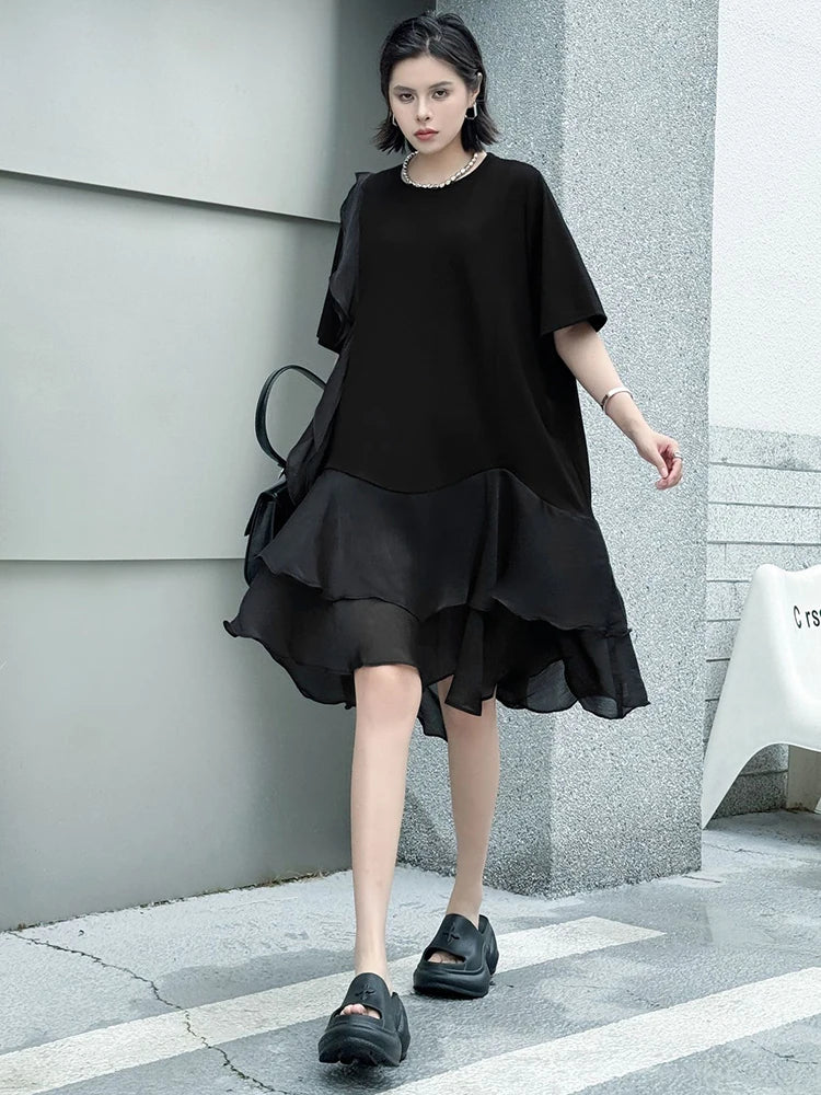 Women Black Ruffles Irregular Big Size Mini Dress New Round Neck Short Sleeve Fashion Tide Spring Summer 2025 1DJ1365