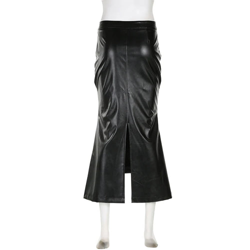 Load image into Gallery viewer, Asymmetrical Folds Black Leather Skirt Ladies Elegant Folds Zipper Sexy Long Skirt Clubwear Party Fashion Slit Bottom
