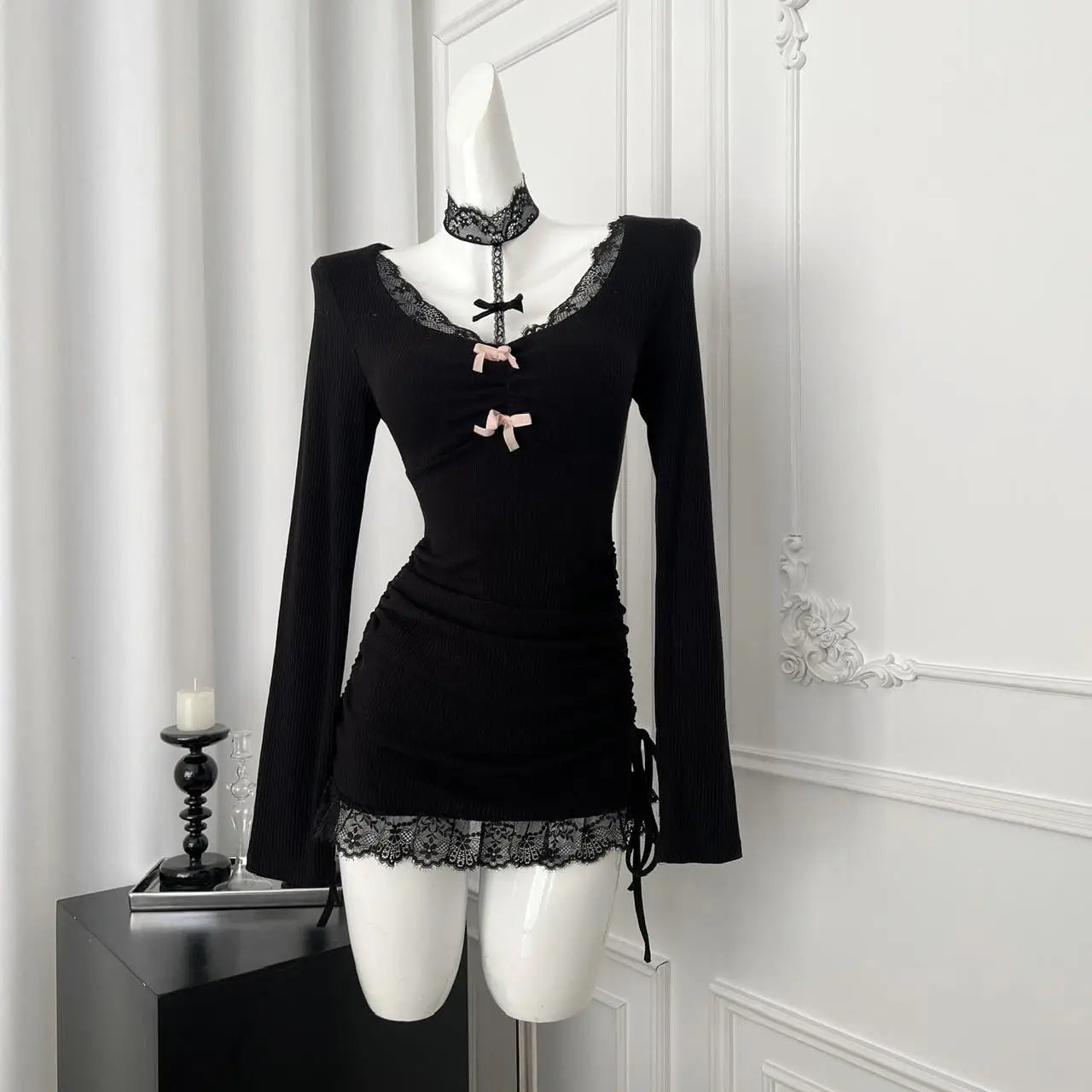 French Vintage Women Black Patchwork Lace Bow Halter Knit Short Dress Autumn Long Sleeve Drawstring Lace-up Pleated Party Dress