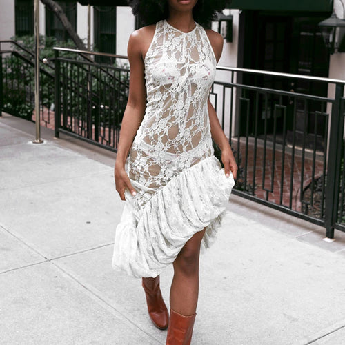 Load image into Gallery viewer, Lace See Through Ruffle Sexy Midi Dress Women Gown Summer Fashion High Waist Slim Thigh High Split Elegant Long Dress
