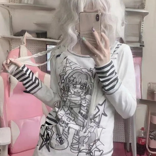Load image into Gallery viewer, Japanese Harajuku Cartoon Print Tshirts Women Fashion Kawaii Y2k Aesthetic Patchwork Stripe Tees New Sweet Slim Fit T-Shirt Tops
