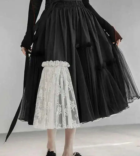 High Elastic Waist Black White Mesh Asymmetrical Half-body Skirt Women Fashion Tide New Spring Autumn 2025 1DD6027