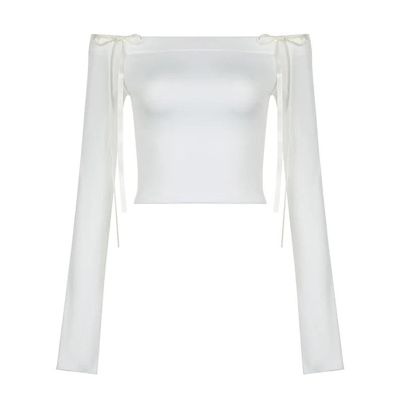Slash Neck Bow White Sweet Female T-shirt Chic Autumn Tee Slim Long Sleeve Tie Up Coquette Clothes Off Shoulder Tops