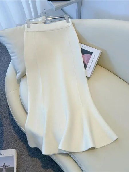 Vintage French Women's Solid Elegant Party Knitted Long Skirt Autumn Winter High Waist Vacation A-line Fishtail Skirt 2024 Trend