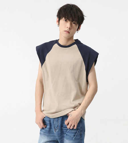 Men's Tank Top 2024 New Korean Style Patchwork Contrast Color Round Neck Sleeveless Vest Loose Trendy Male Pullover 9C5838