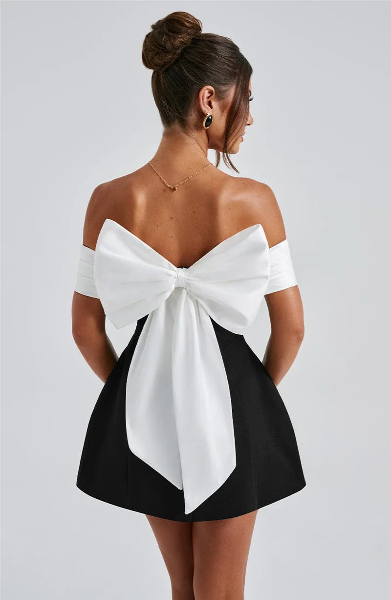 Bow Backless Sexy Mini Dress For Women Robe Elegant Off-shoulder Strapless Sleeveless A-line Club Sexy Dress Vestido