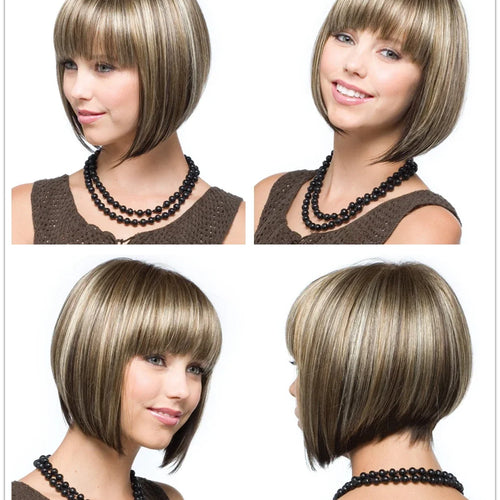 Load image into Gallery viewer, Brown Bob Wig with Bangs Synthetic Hair Short Wig for White Women Mix Brown Heat Resistant Straight Haircut Natural Mommy Wig
