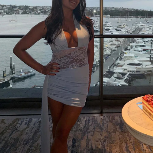 Load image into Gallery viewer, Sexy V-neck Lace Patchwork Hanging Collar Bodycon Party Evening Dress Women Elegant Holiday Beach Spring Summer Vestido
