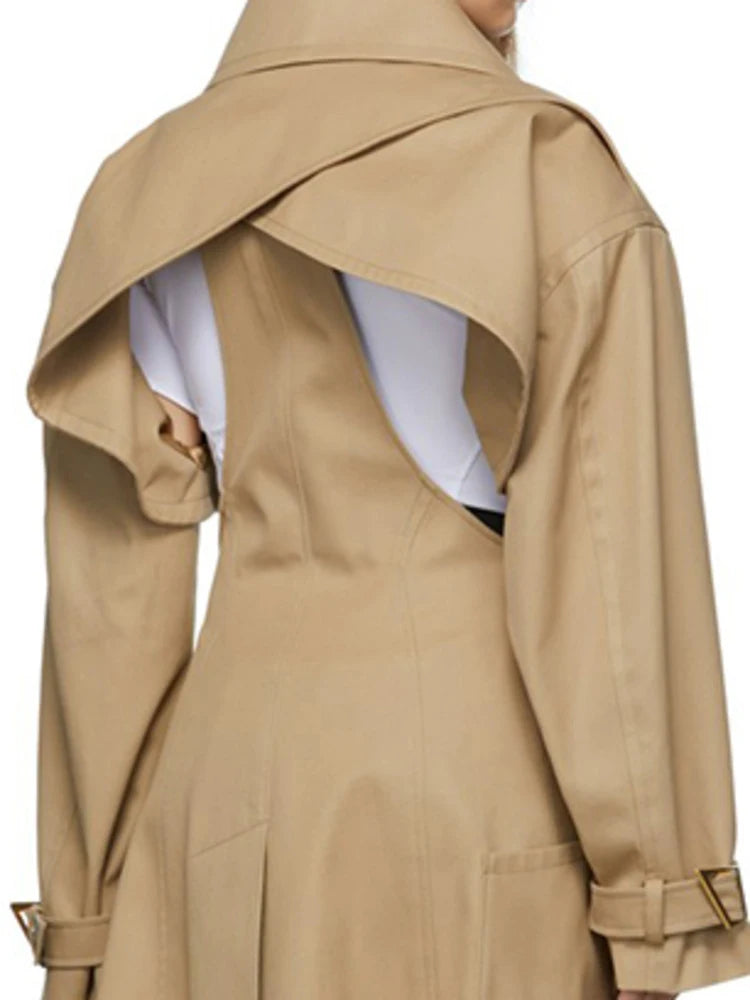 Korean Fashion Women's Trench Coat New Lapel Hollow Out Belt Long Sleeve Solid Minimalist Windbreaker Female Autumn