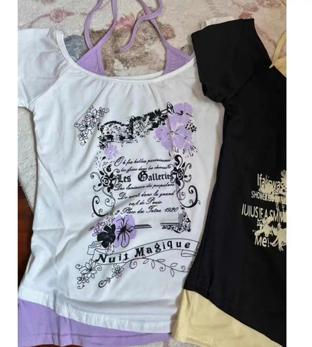 Summer Woman T Shirts Fake Two Tees 2024 Ropa Mujer Y2k Tops Short Sleeve Tunic Tees Fashion Korean Tshirts Floral Sexy T-shirt