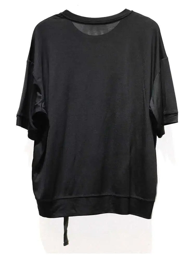 Women Black Irregular Button Pocket Big Size Casual T-shirt New Round Neck Short Sleeve Fashion Spring Summer 2025 1DJ0223