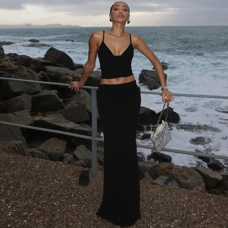 Print Sexy 2 Piece Sets Women Summer New V Neck Crop Tops And Maxi Skirt Female Elegant Club Party Slim Skirt Set
