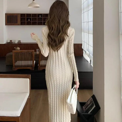 Load image into Gallery viewer, Autumn Winter French Black Long Sleeves Festival Knitted Dress Women's Elegant V Neck Single Breasted Wrap Hip Split Dress Trend
