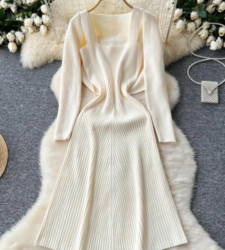 Autumn Winter Korean Women's Temperament Two Piece Set Beige Khaki Long Sleeved Shawl Cardigan Tops And Knitted Slip Dress Suit