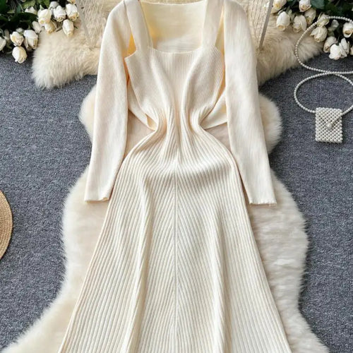 Load image into Gallery viewer, Autumn Winter Korean Women's Temperament Two Piece Set Beige Khaki Long Sleeved Shawl Cardigan Tops And Knitted Slip Dress Suit
