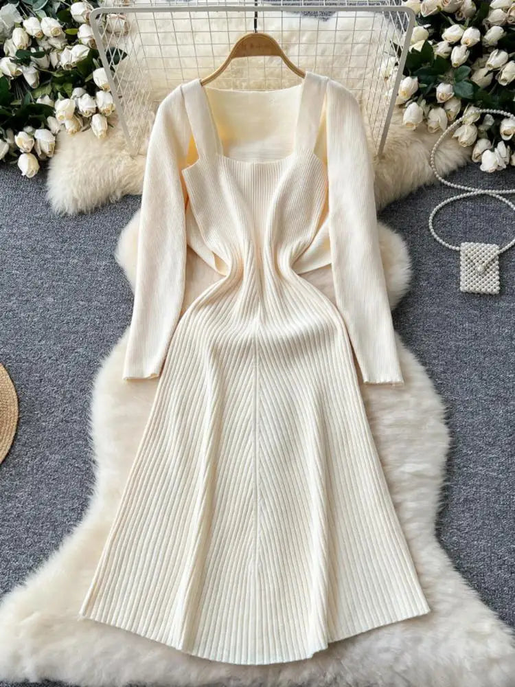 Autumn Winter Korean Women's Temperament Two Piece Set Beige Khaki Long Sleeved Shawl Cardigan Tops And Knitted Slip Dress Suit